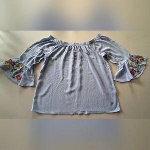 Crave Fame Women's Blue & White Off the Shoulder Embroidered Sleeves. Size Large